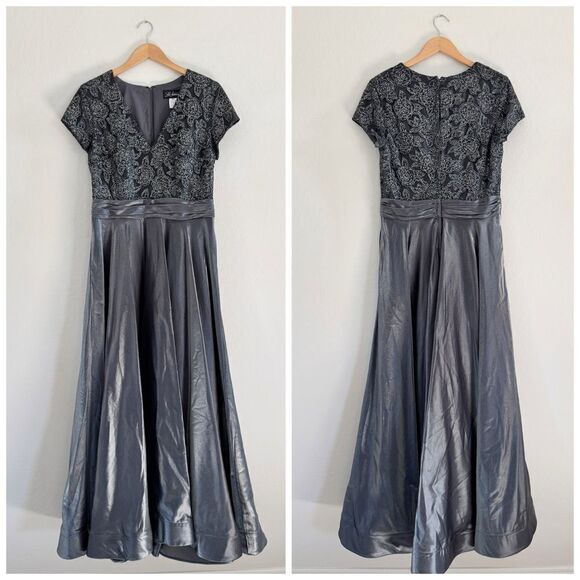 La Femme 26447 Two Tone Satin A-Line V-Neck Gown Platinum Silver Gray - Picture 4 of 16